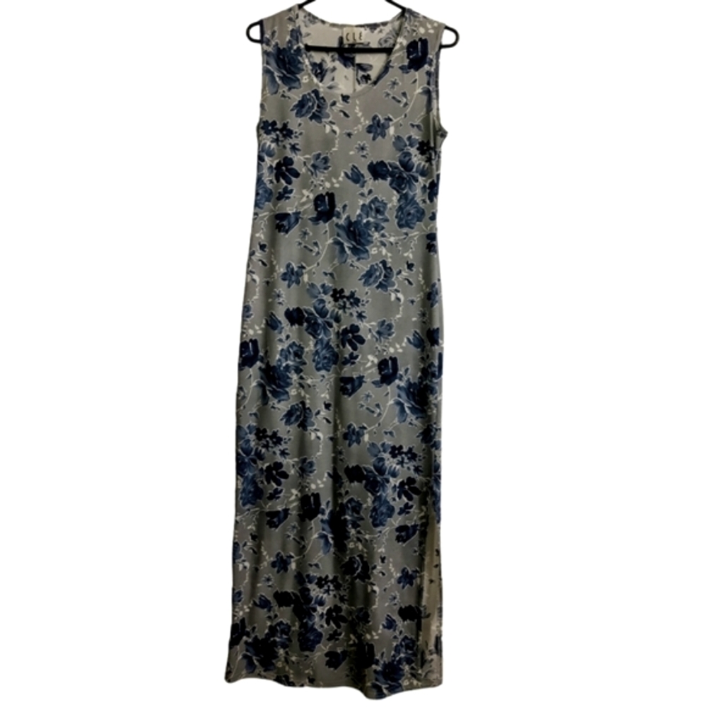 Floral Bodycon Tank Maxi Dress By CLE Paris VTG Y2K 90s Blue White S/M
